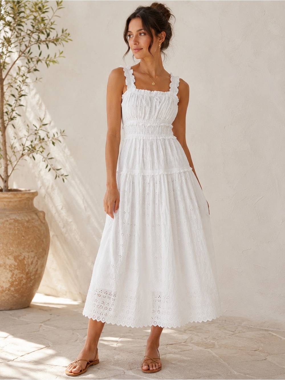GAP x DÔEN Eyelet Midi Dress White Smocked Cotton Tiered Large NWT